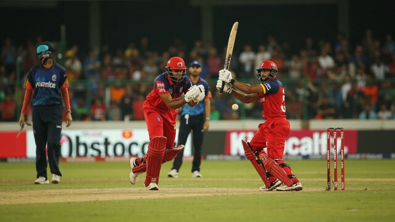 Medium tactical view of the playing surface during an LPL fixture at Pallekele International Cricket Stadium, with a slip cordon set and the bowler in delivery stride