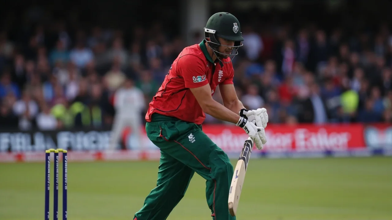 A Durham batsman stepping out of his crease to drive through the covers with the Riverside stand and crowd softly out of focus behind him, illustrating the kind of boundary moment that drives four-and-six fantasy points at Chester-le-Street