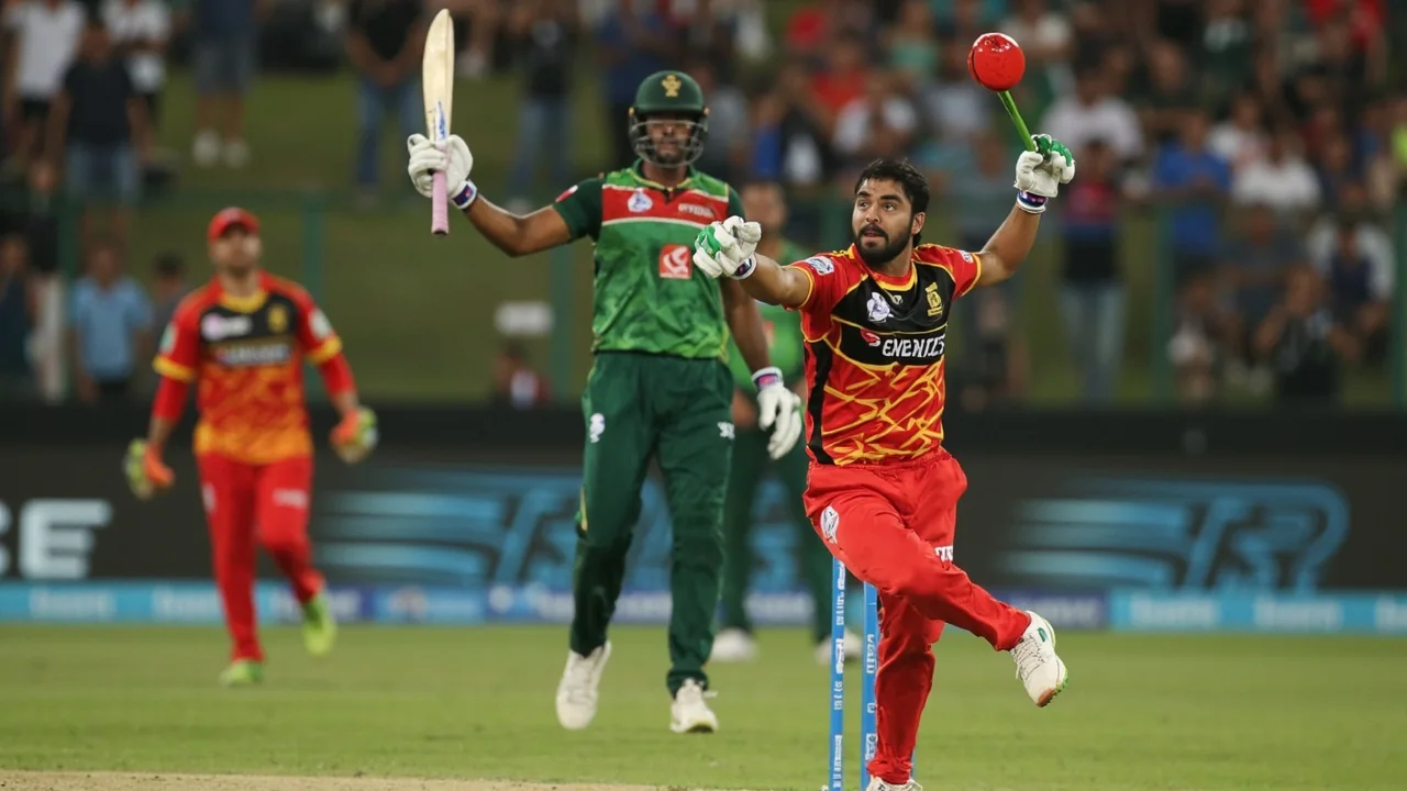Fielding setup at a T20 ground with close catchers in place and a bowler running in to deliver, the kind of tactical arrangement that produces catching and bowling points