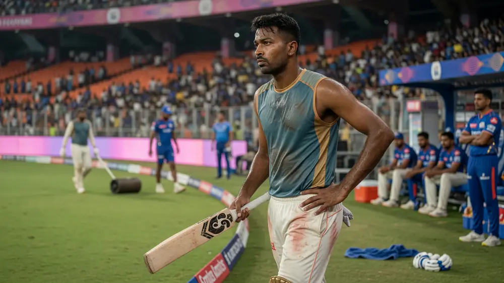 Tight sideline action frame of an Indian all-rounder swinging through a delivery under stadium lights, bat blurred in the follow-through