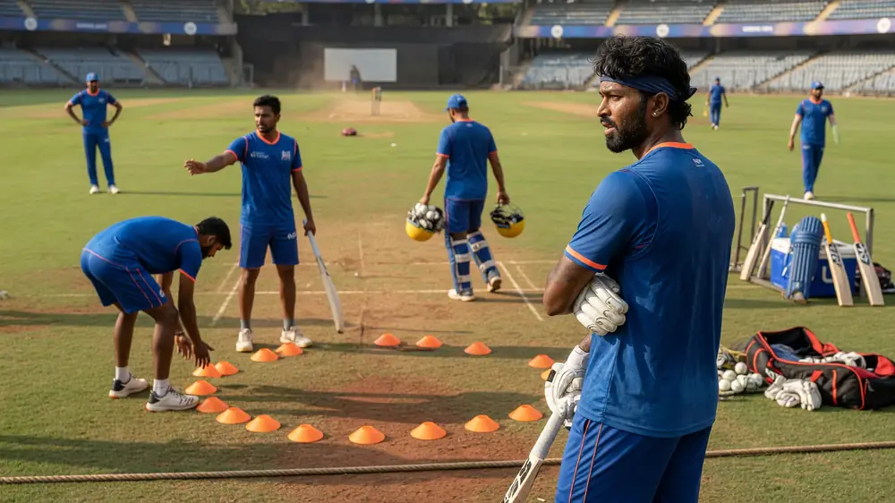 Medium tactical view of fielders and a bowler set across a floodlit cricket ground during an IPL match, showing team shape rather than a single close-up