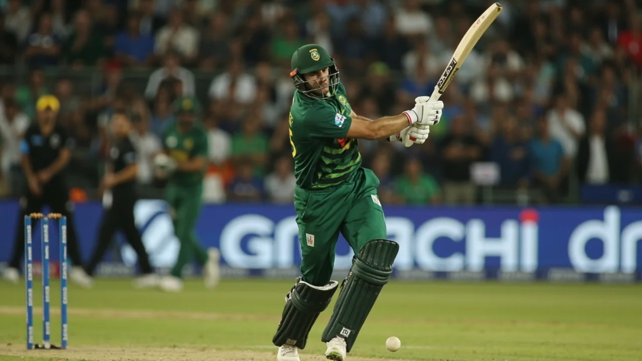 Tight sideline frame of a fast bowler running in to deliver under evening floodlights at an Indian T20I venue, the kind of action moment that drives wicket and economy points in fantasy cricket