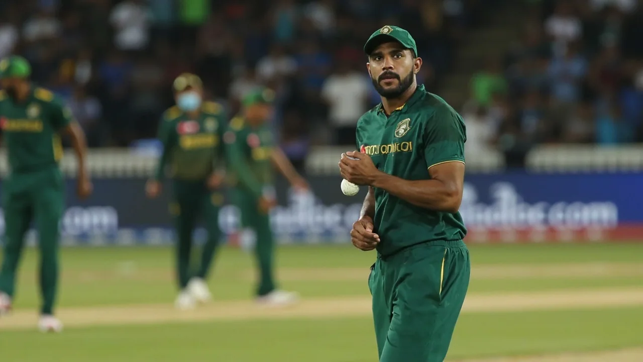 Medium tactical shot of a T20I fielding setup with close catchers in place ahead of a delivery under evening floodlights, the kind of arrangement that produces catching and run-out points in fantasy cricket