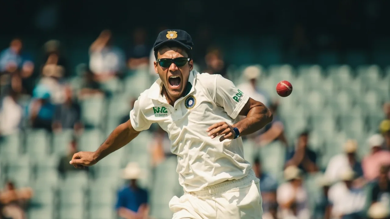 Tight sideline frame of a fast bowler at the point of release, captured under stadium light with the follow-through and crowd blur visible behind the stumps