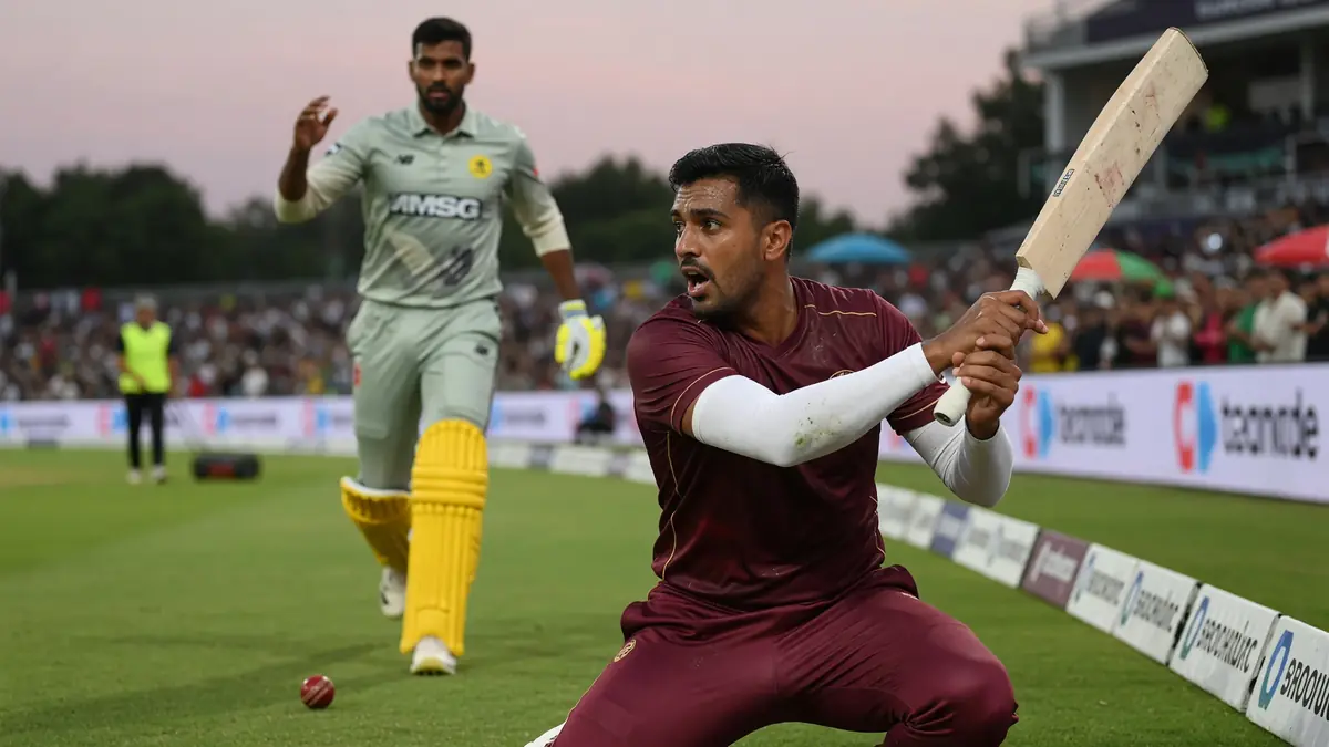 Tight sideline frame of a batsman in stance during an evening franchise cricket fixture, with the bowler in delivery stride under stadium lights