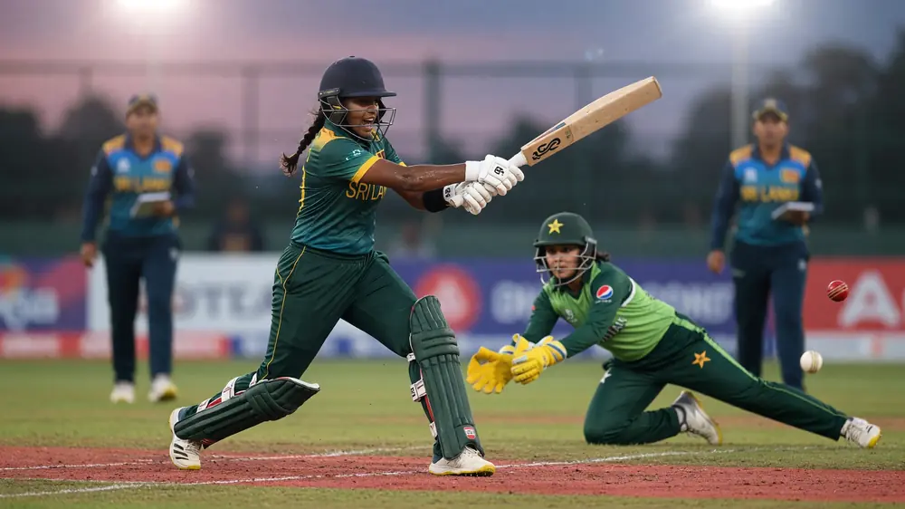Close sideline frame of a batter driving through a delivery, bat swing frozen under bright match light