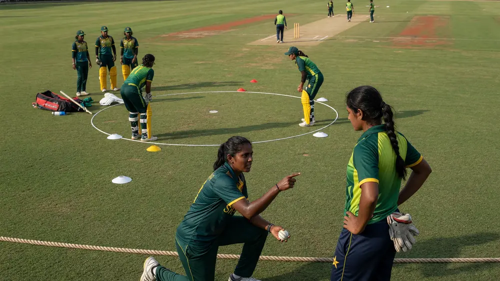 Medium tactical view of fielders set across a sunlit cricket ground with bowler and close catchers in position