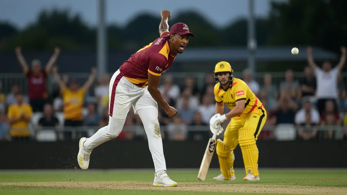 Tight sideline frame of a batsman in stance during an evening franchise cricket fixture, with the bowler in delivery stride under stadium lights