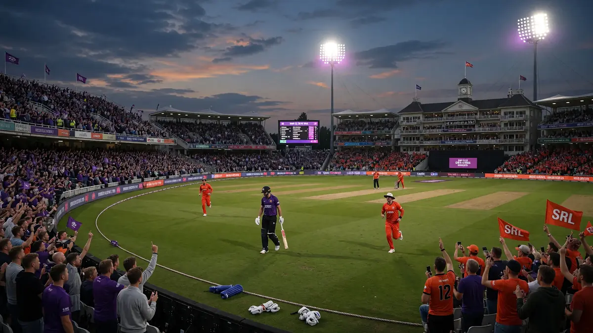 Wide evening view of a packed cricket ground with green outfield, layered stands and match-day atmosphere ahead of a The Hundred men's fixture