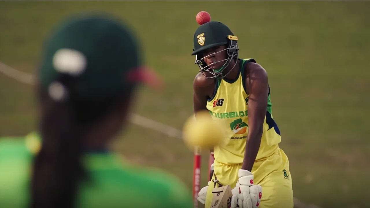 Medium sideline view of a young women's cricketer delivering the ball with a high-arm off-spin action on a slow South African club pitch during afternoon play