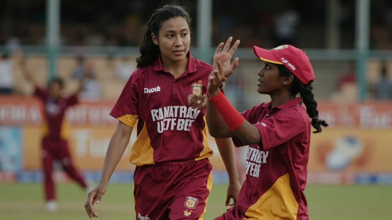Tactical medium view of a youth women's cricket field setup on a slow South African pitch with three close catchers and a slip in place for the spinners