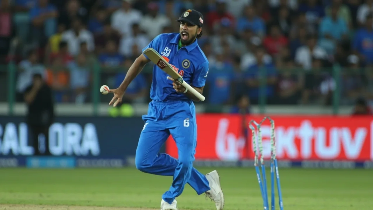 Tight sideline frame of a bowler running in to deliver during a WPL fixture, the kind of action moment that drives wicket and economy points in fantasy cricket