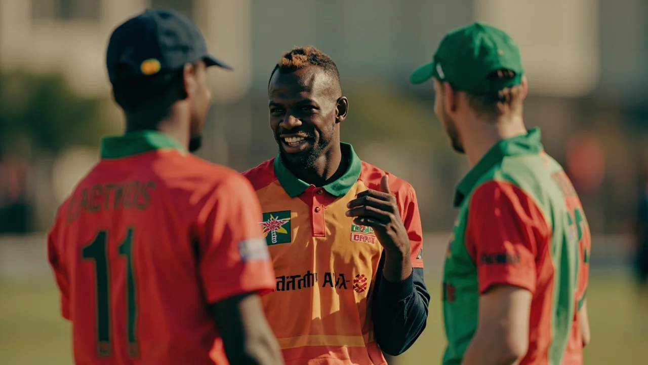 Zimbabwe players take a discussion break between overs at a T20I match