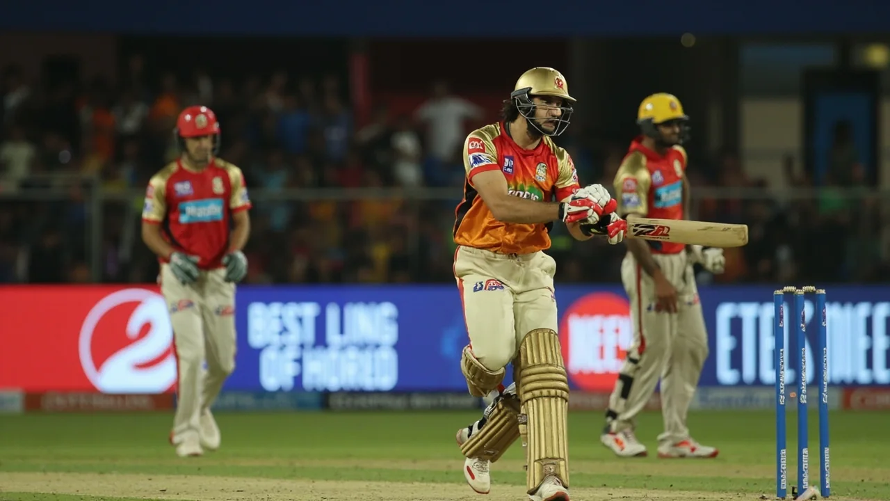 Medium view of an IPL tactical scene with captain and bowler conferring mid-over and fielders shifting into new positions on a slow turning pitch